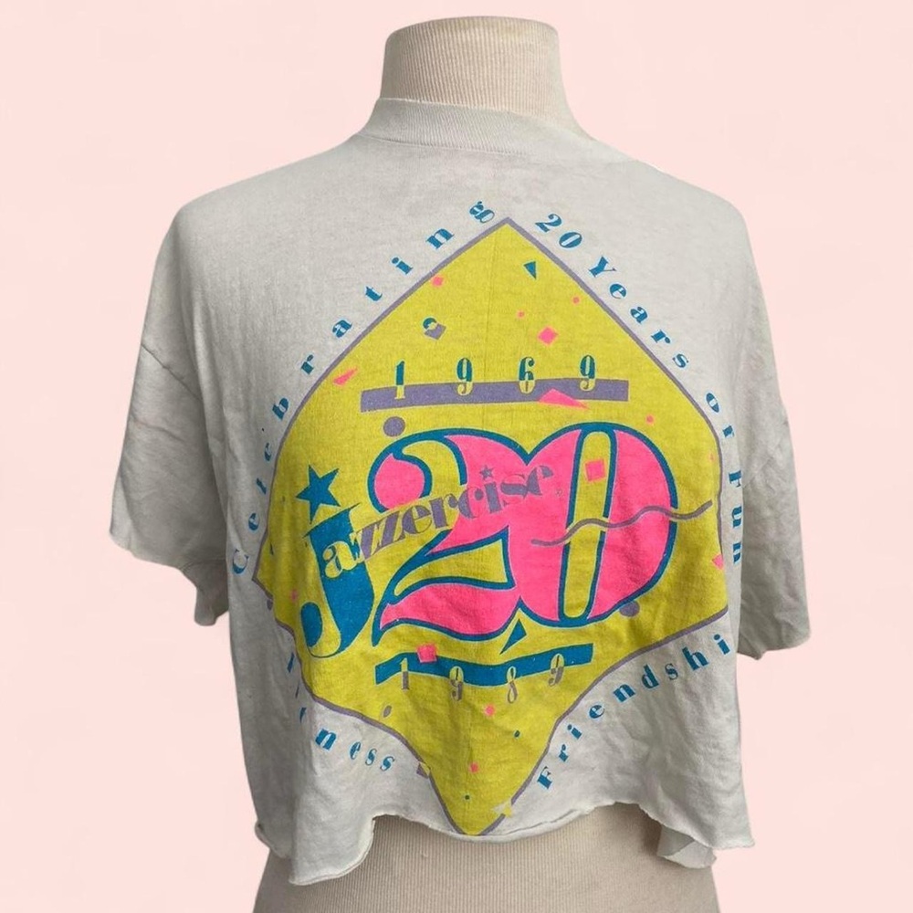 Vintage 1980’s 1990’s Jazzercise Colorblock Neon Graphic Crop Top Cutoff T-Shirt
